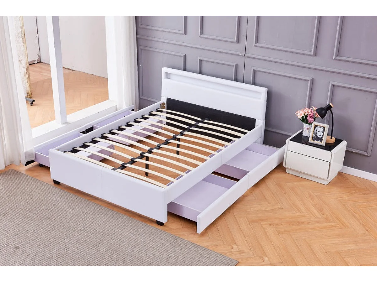 Lit adulte 2 places 140x190 cm blanc avec tiroirs LED sommier inclus