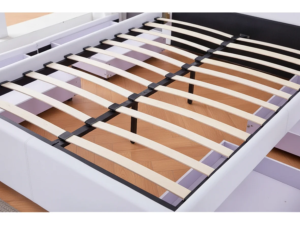 Lit adulte 2 places 140x190 cm blanc avec tiroirs LED sommier inclus