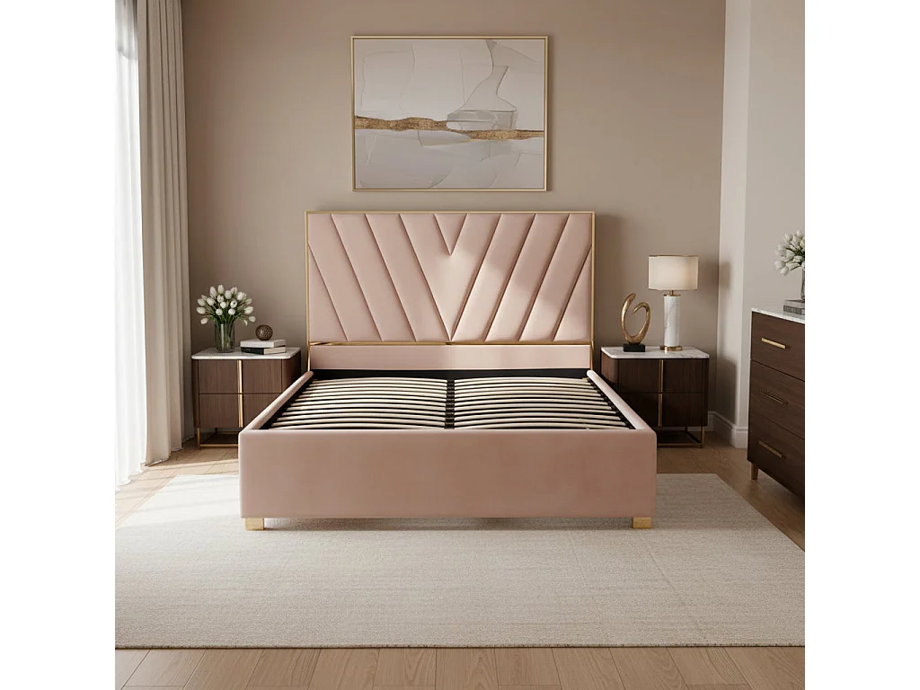 Lit adulte VERA 140x190 cm en velours beige avec sommier intégré
