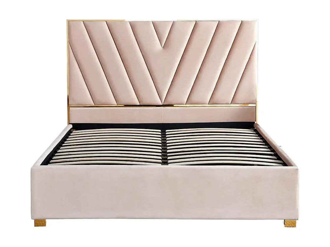 Lit Adulte Vera 140x190 cm Velours Beige Sommier Inclus Pieds Acier Gold