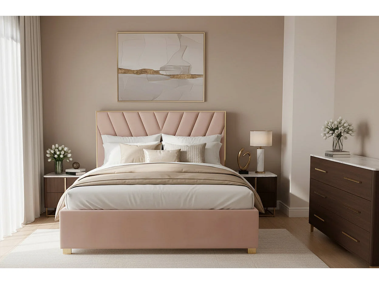 Lit Adulte Vera 140x190 cm Velours Beige Sommier Inclus Pieds Acier Gold