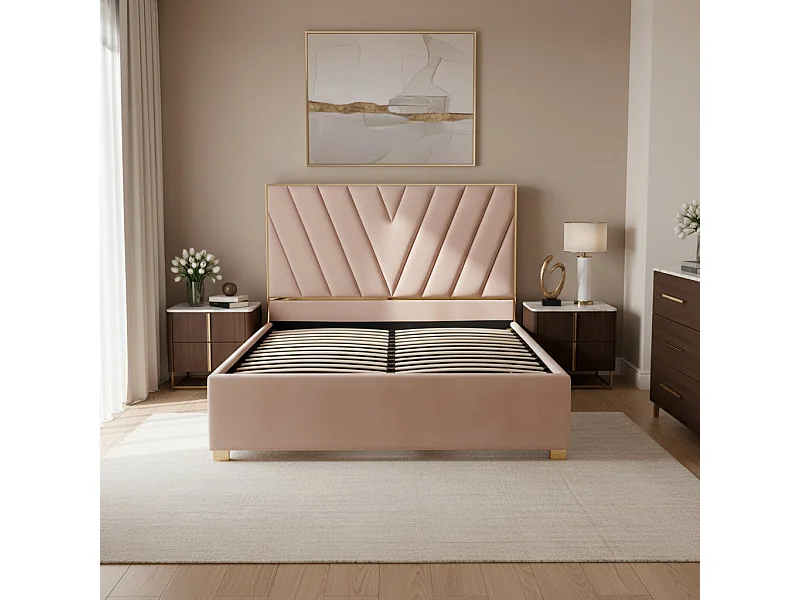 Lit Adulte Vera 140x190 cm Velours Beige Sommier Inclus Pieds Acier Gold