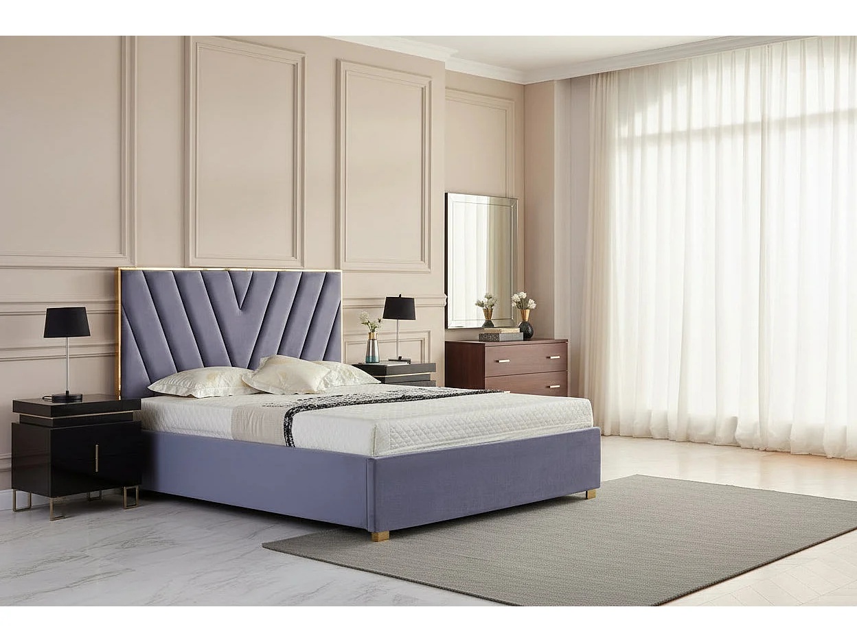 Lit adulte VERA 160x200 cm en velours gris avec sommier intégré