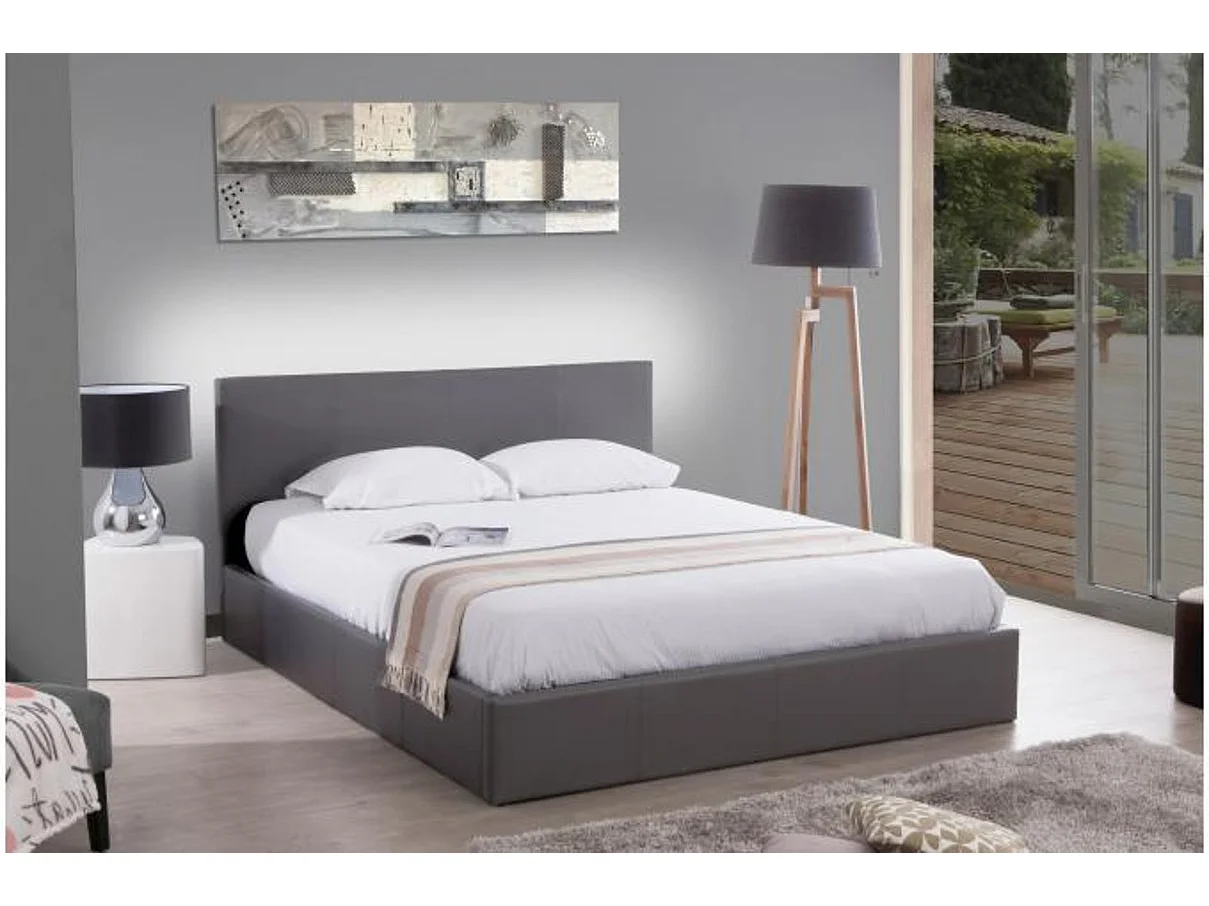Lit 2 places  MELBOURNE simili cuir GRIS 140x190 cm avec sommier intégré