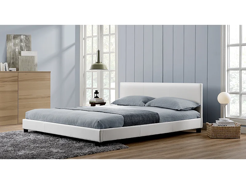 Lit 2 places  MELBOURNE simili cuir BLANC 160x200 cm avec sommier intégré