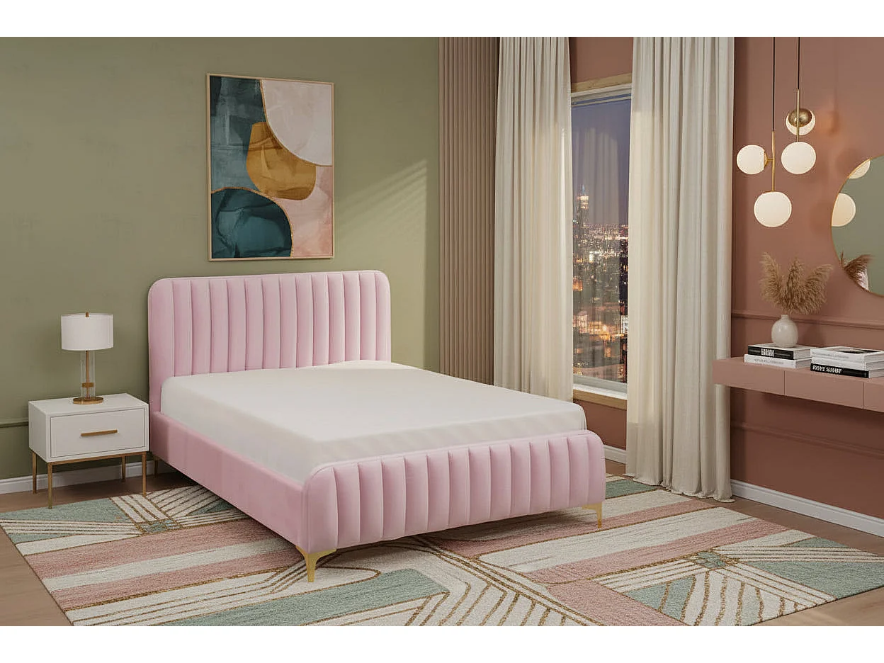 Lit 2 places velours rose sommier inclus 160x200 cm FAYE