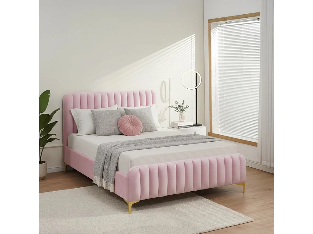 Lit 2 places velours rose sommier inclus 160x200 cm FAYE
