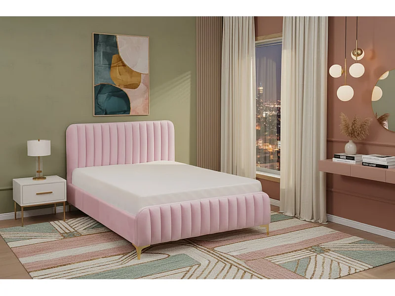 Lit 2 places velours rose sommier inclus 160x200 cm FAYE