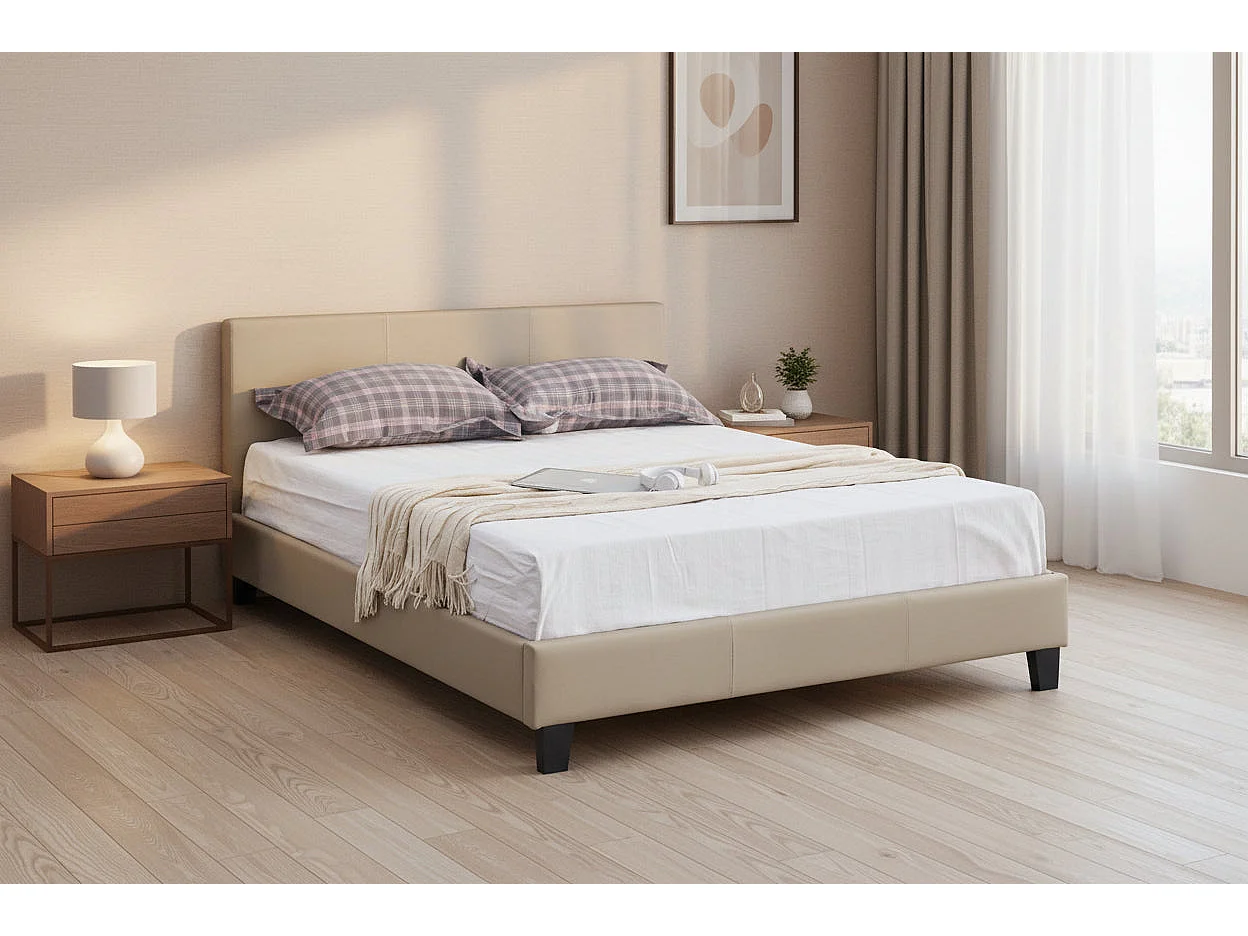 Lit 2 places MELBOURNE simili cuir TAUPE 160x200 cm avec sommier intégré