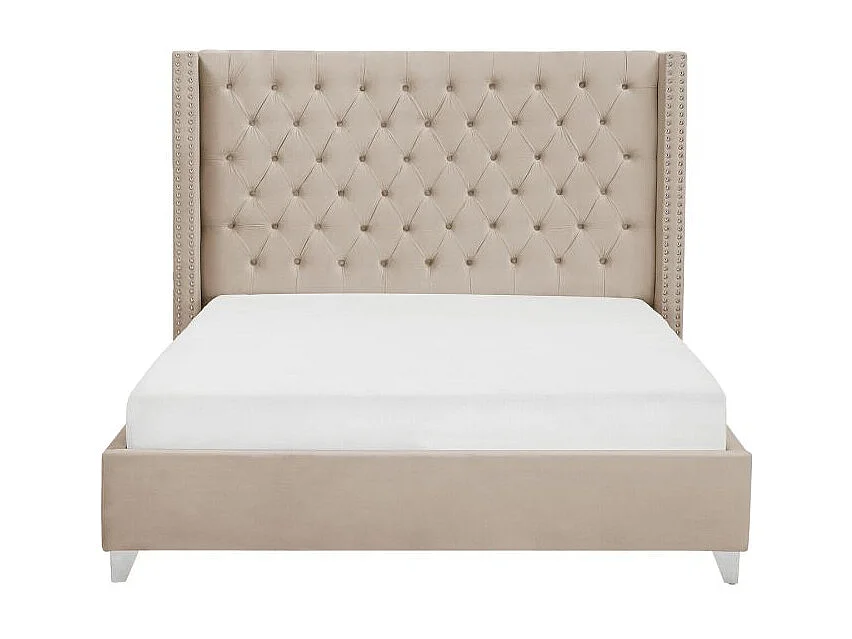 Lit double 180x200 cm velours nude tête capitonnée sommier inclus PRINCESSE