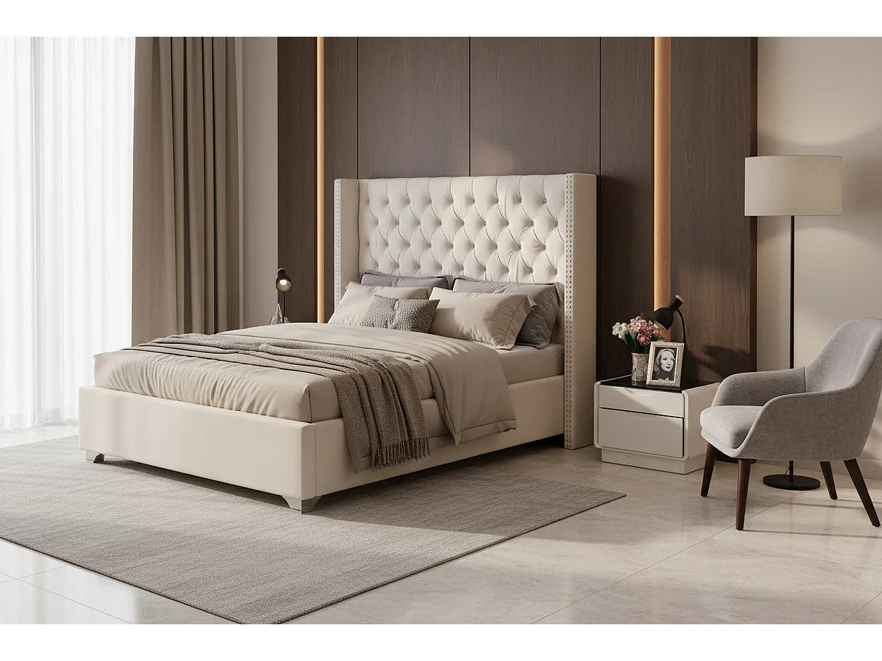 Lit double 180x200 cm velours nude tête capitonnée sommier inclus PRINCESSE