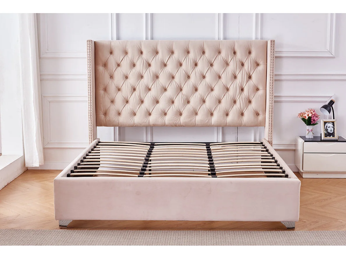 Lit double 180x200 cm velours nude tête capitonnée sommier inclus PRINCESSE