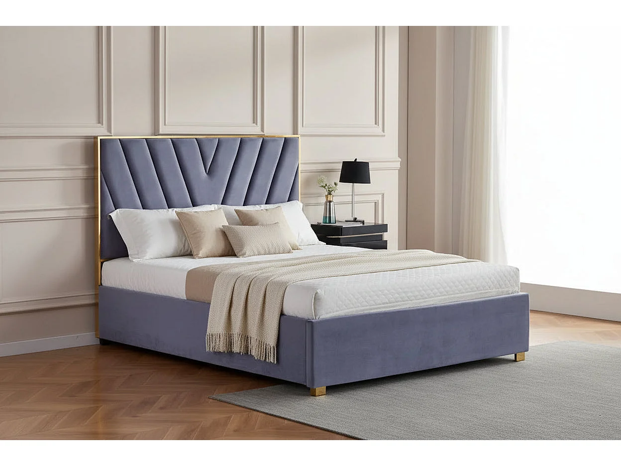 Lit adulte VERA 140x190 cm en velours gris avec sommier intégré