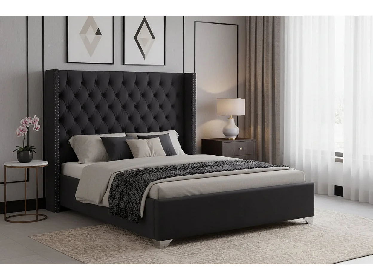Lit double 180x200 cm velours noir tête capitonnée sommier inclus PRINCESSE