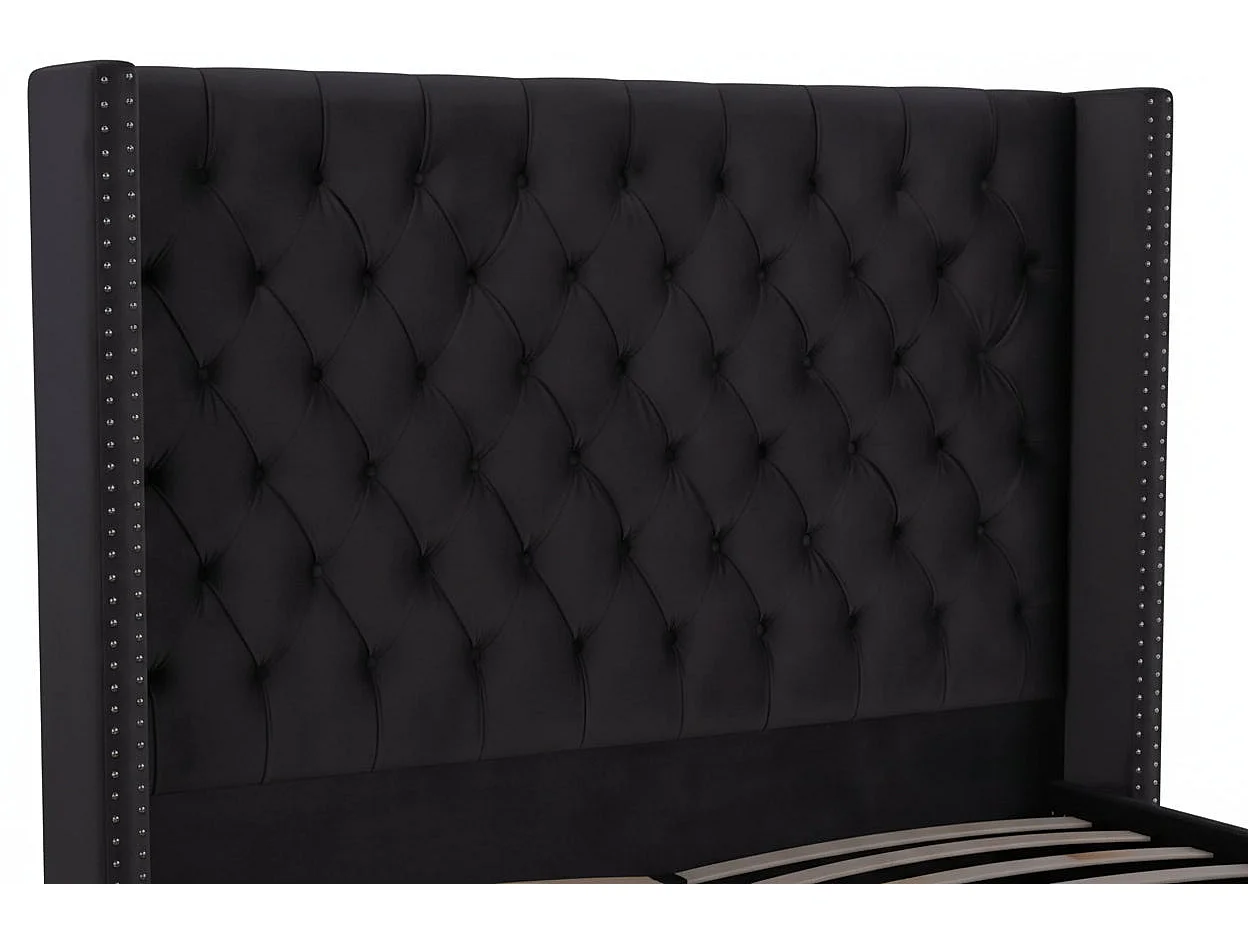 Lit double 180x200 cm velours noir tête capitonnée sommier inclus PRINCESSE