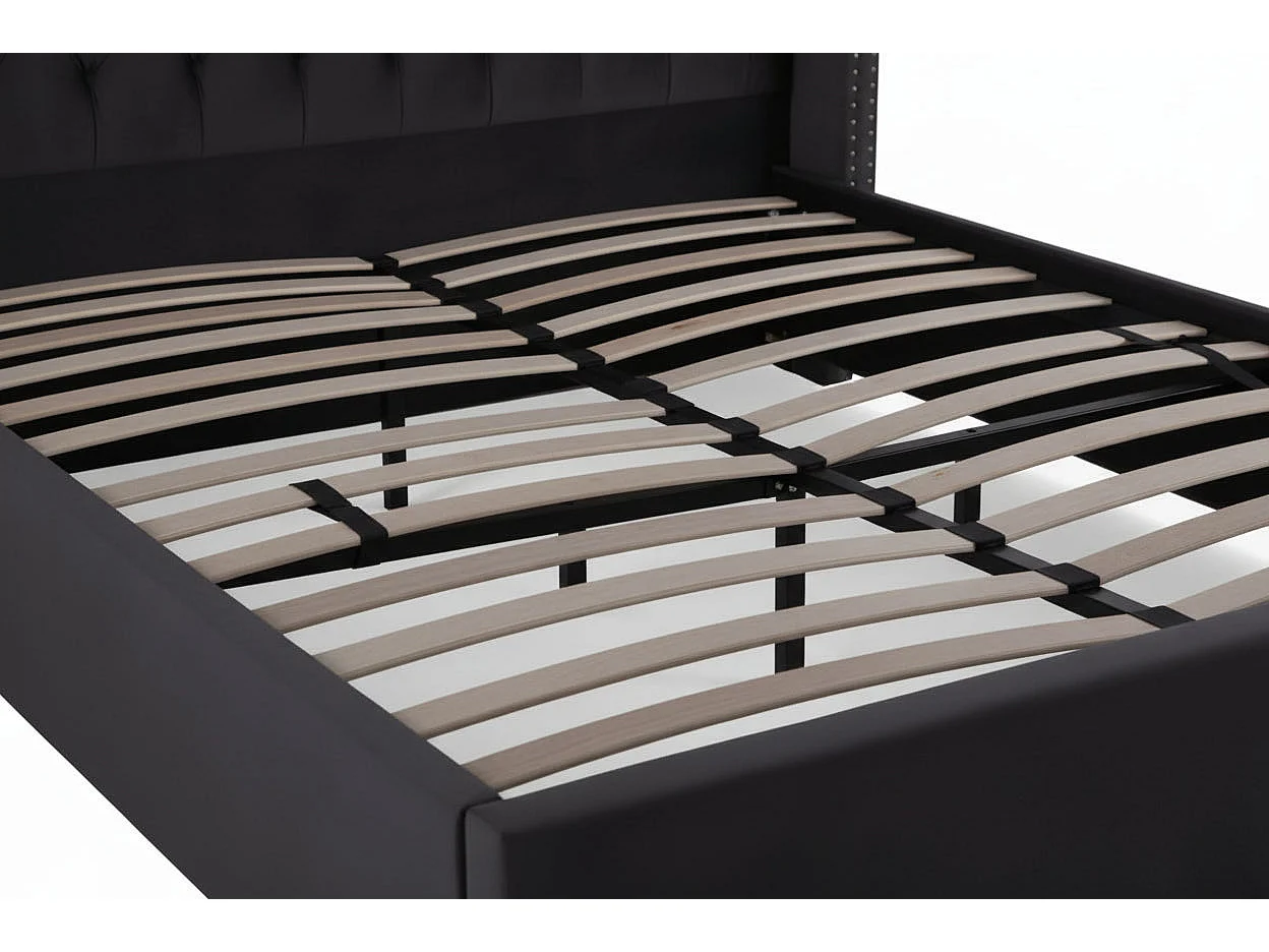 Lit double 180x200 cm velours noir tête capitonnée sommier inclus PRINCESSE