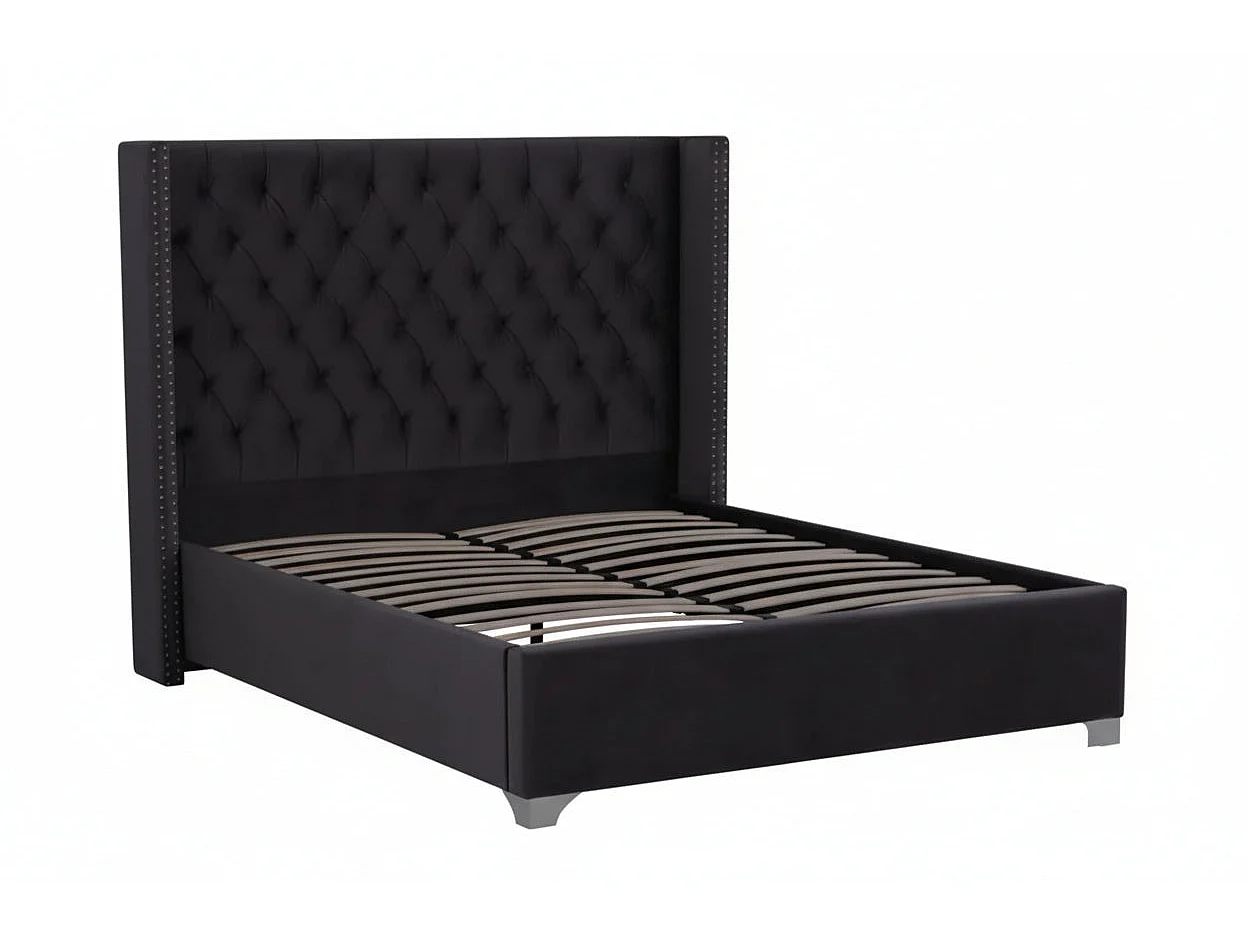 Lit double 180x200 cm velours noir tête capitonnée sommier inclus PRINCESSE