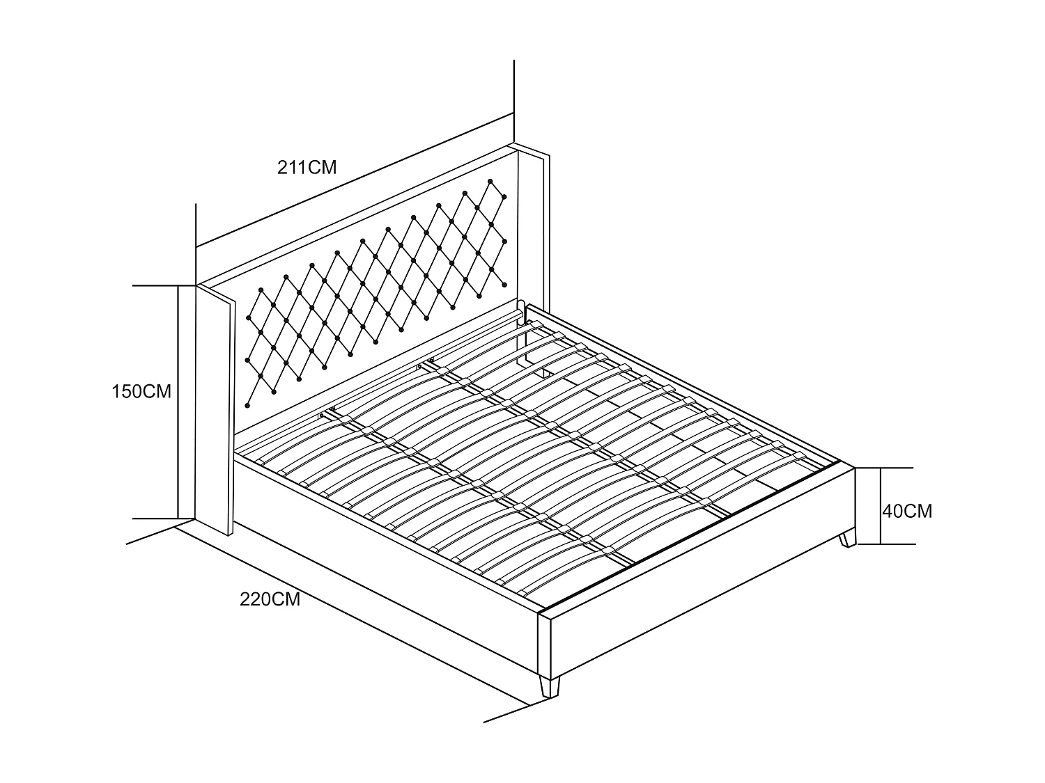 Lit double 180x200 cm velours noir tête capitonnée sommier inclus PRINCESSE