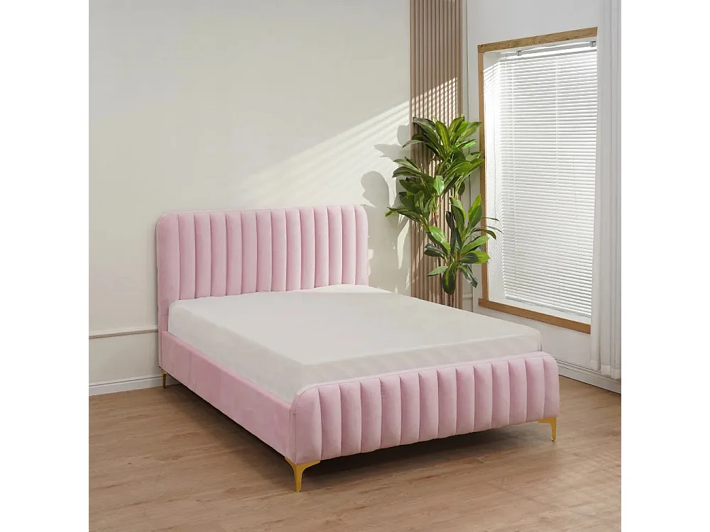 Lit 2 places  FAYE design velours ROSE sommier inclus 140x190 cm