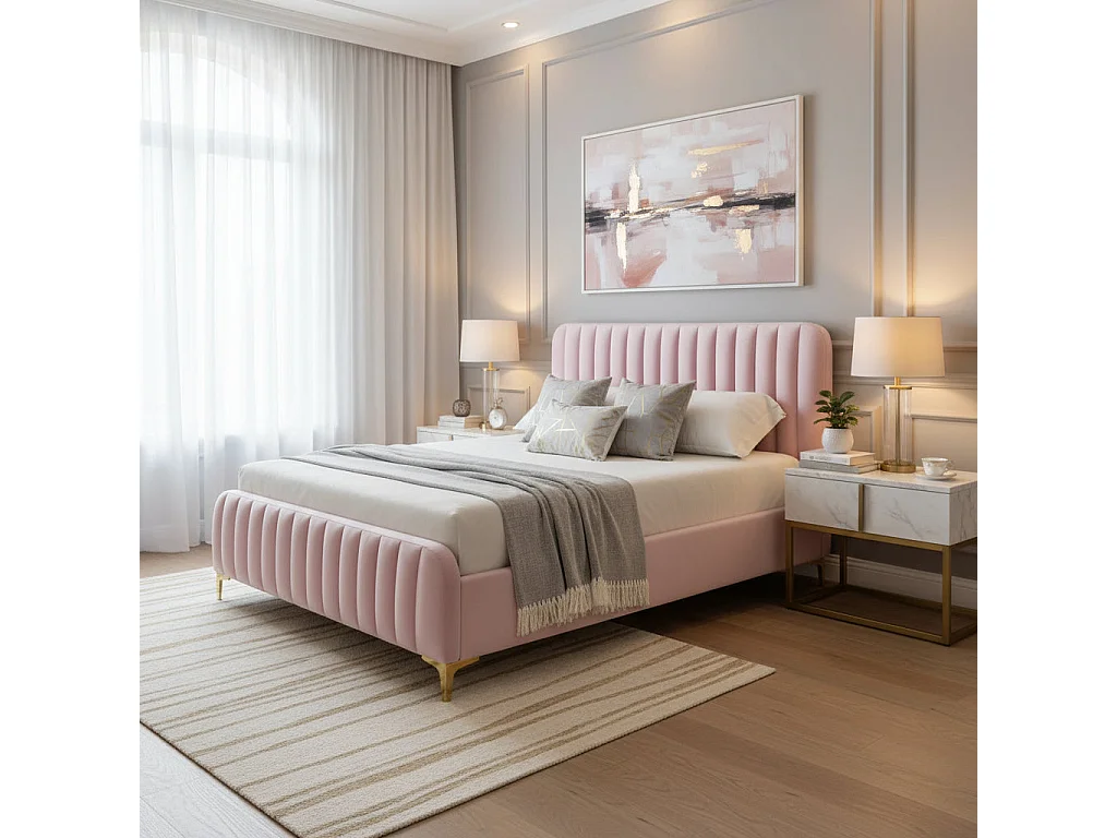 Lit 2 places  FAYE design velours ROSE sommier inclus 140x190 cm