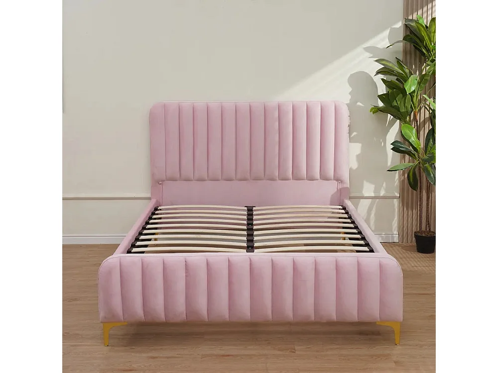Lit 2 places  FAYE design velours ROSE sommier inclus 140x190 cm