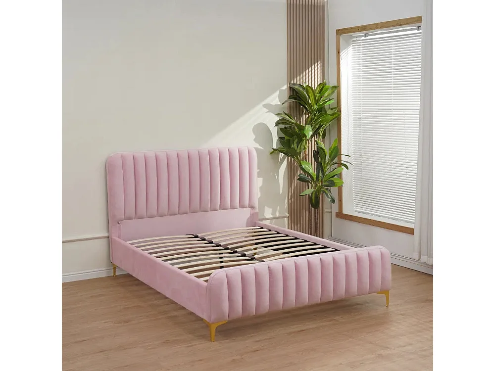 Lit 2 places  FAYE design velours ROSE sommier inclus 140x190 cm
