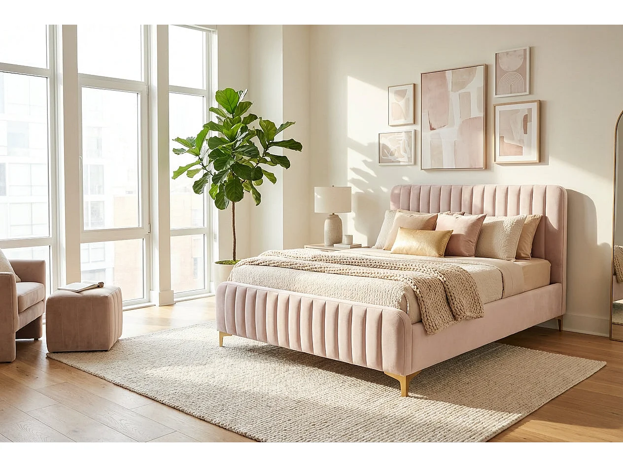 Lit 2 places velours rose 140x190 cm sommier inclus FAYE