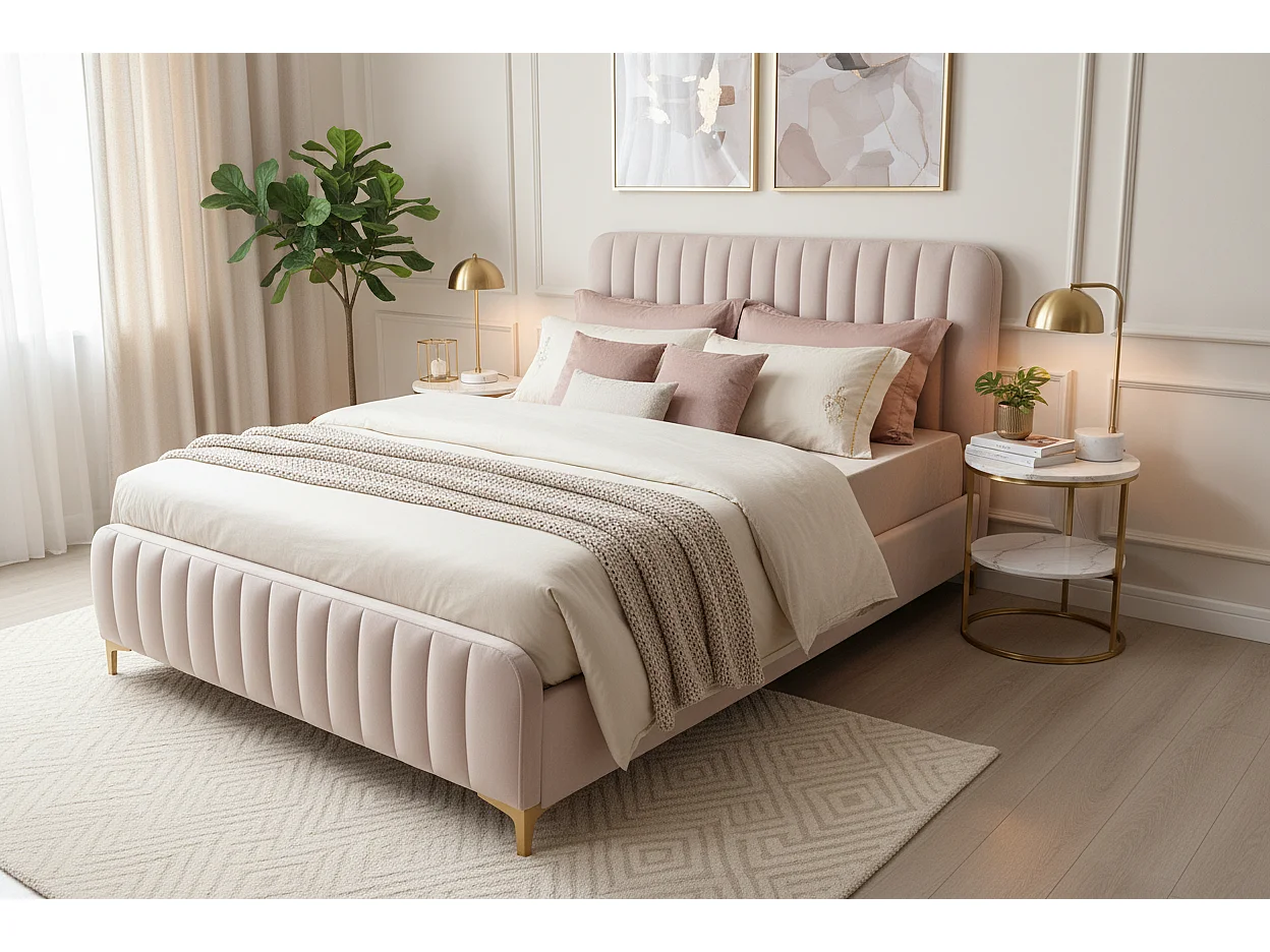 Lit 2 places velours rose 140x190 cm sommier inclus FAYE