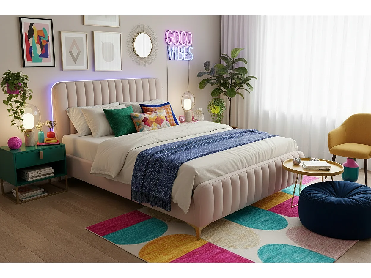 Lit 2 places velours rose 140x190 cm sommier inclus FAYE