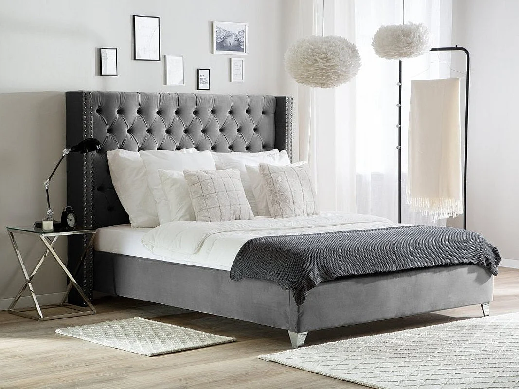 Lit double 180x200 cm velours gris tête capitonnée sommier inclus PRINCESSE