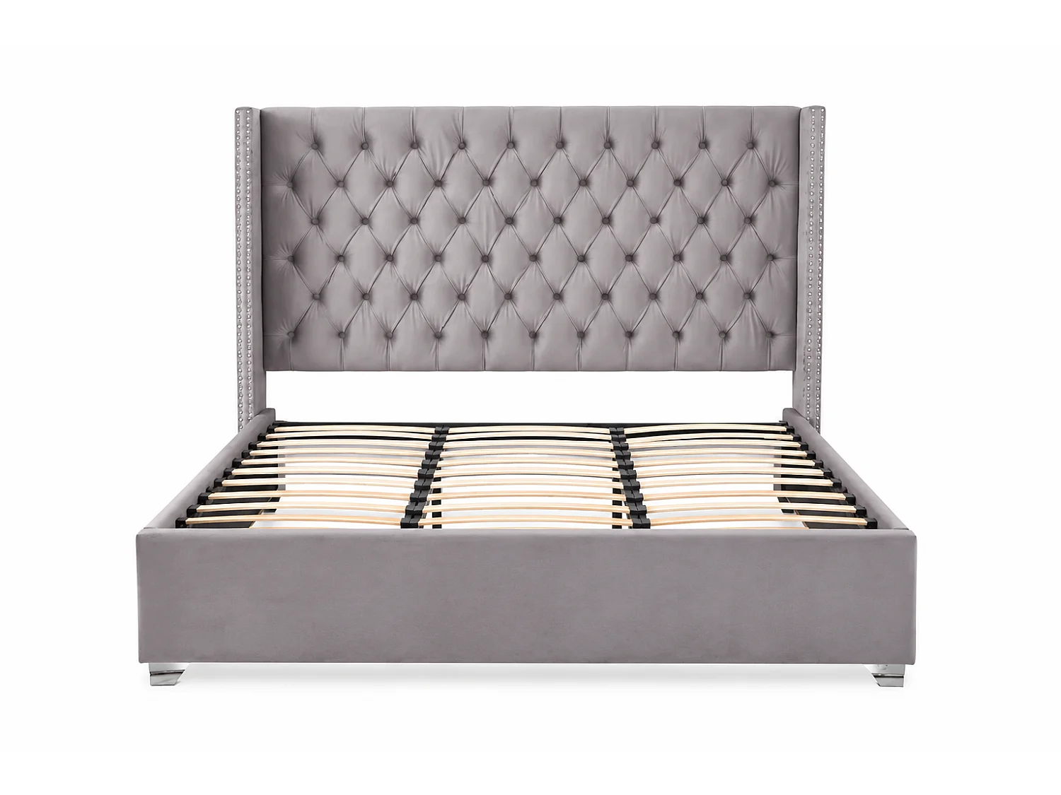 Lit double 180x200 cm velours gris tête capitonnée sommier inclus PRINCESSE