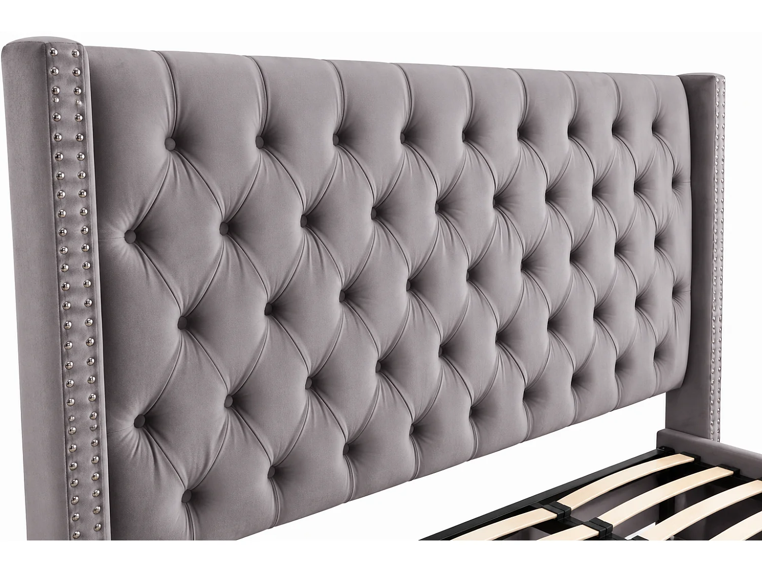 Lit double 180x200 cm velours gris tête capitonnée sommier inclus PRINCESSE