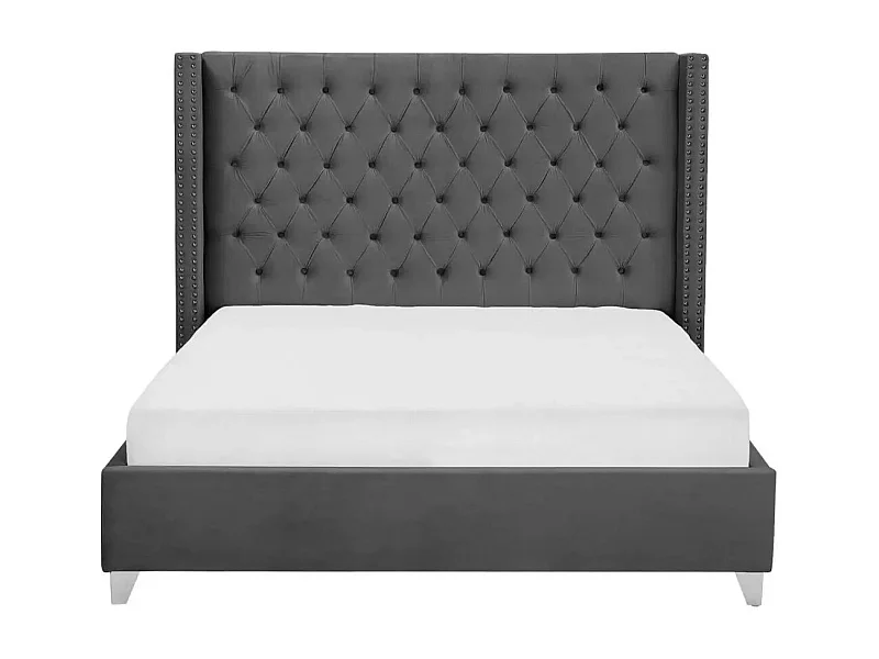 Lit double 180x200 cm velours gris tête capitonnée sommier inclus PRINCESSE