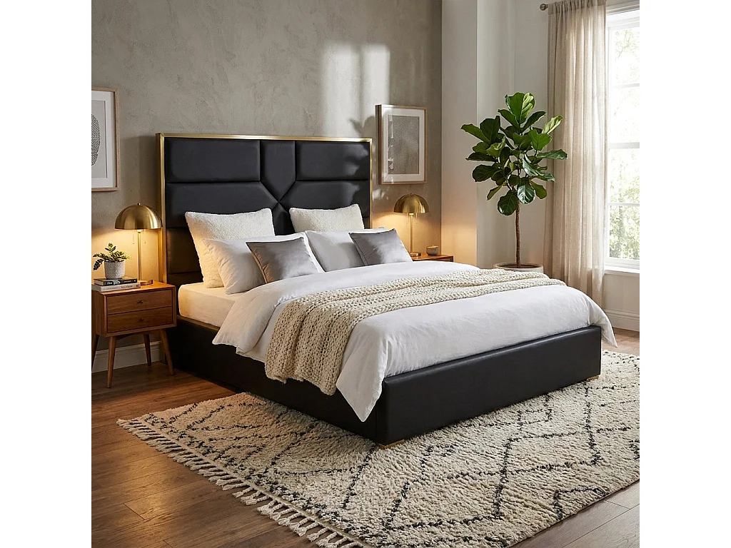 Lit 2 places GOLD MARK simili cuir noir 140x190 cm avec sommier intégré