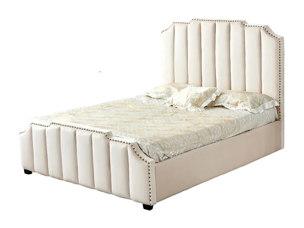 Lit Adulte Pepper 160x200 cm Velours Beige Clouté Sommier Inclus