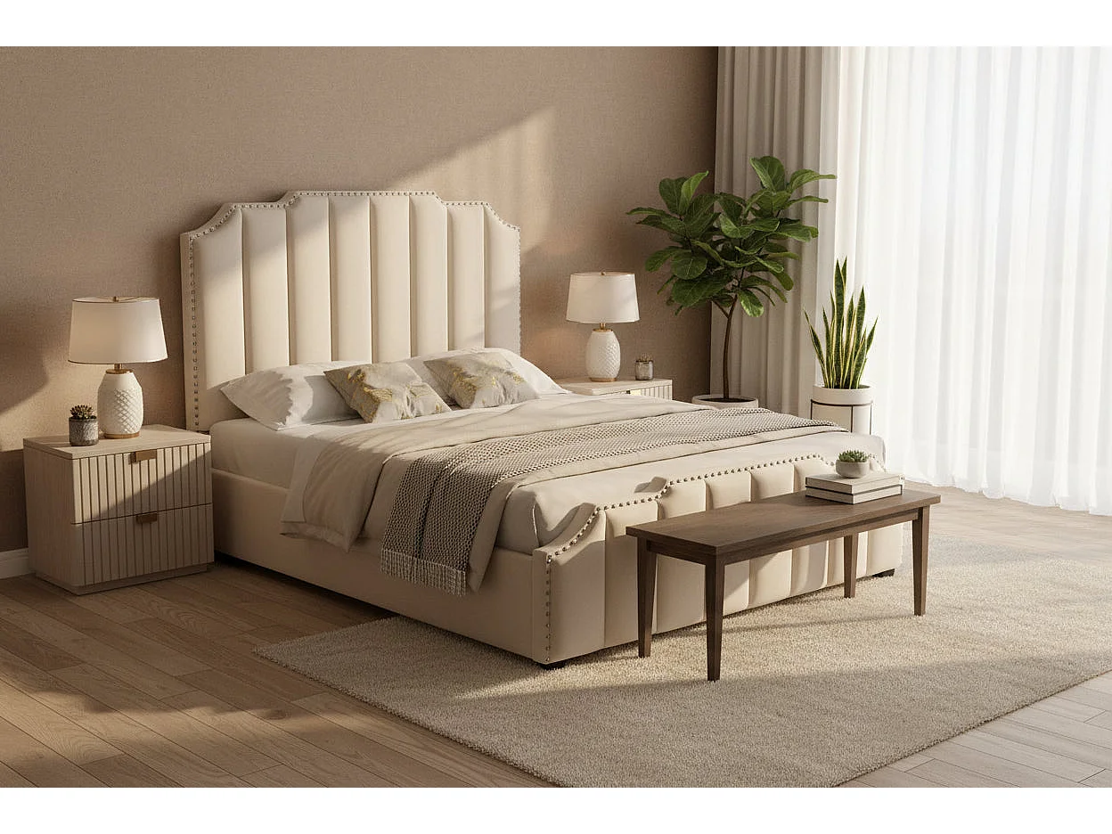 Lit Adulte Pepper 160x200 cm Velours Beige Clouté Sommier Inclus