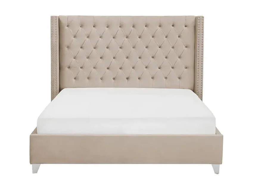 Lit double 180x200 cm velours beige tête capitonnée sommier inclus PRINCESSE