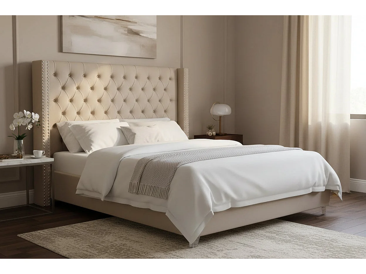 Lit double 180x200 cm velours beige tête capitonnée sommier inclus PRINCESSE