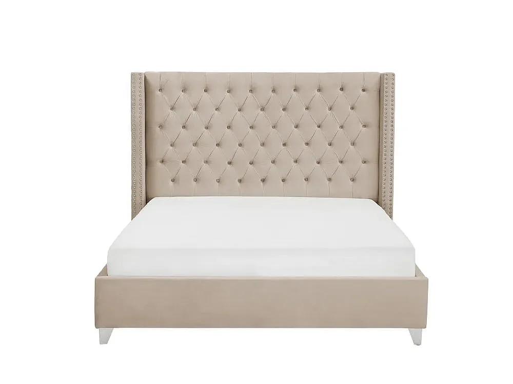 Lit double 180x200 cm velours beige tête capitonnée sommier inclus PRINCESSE