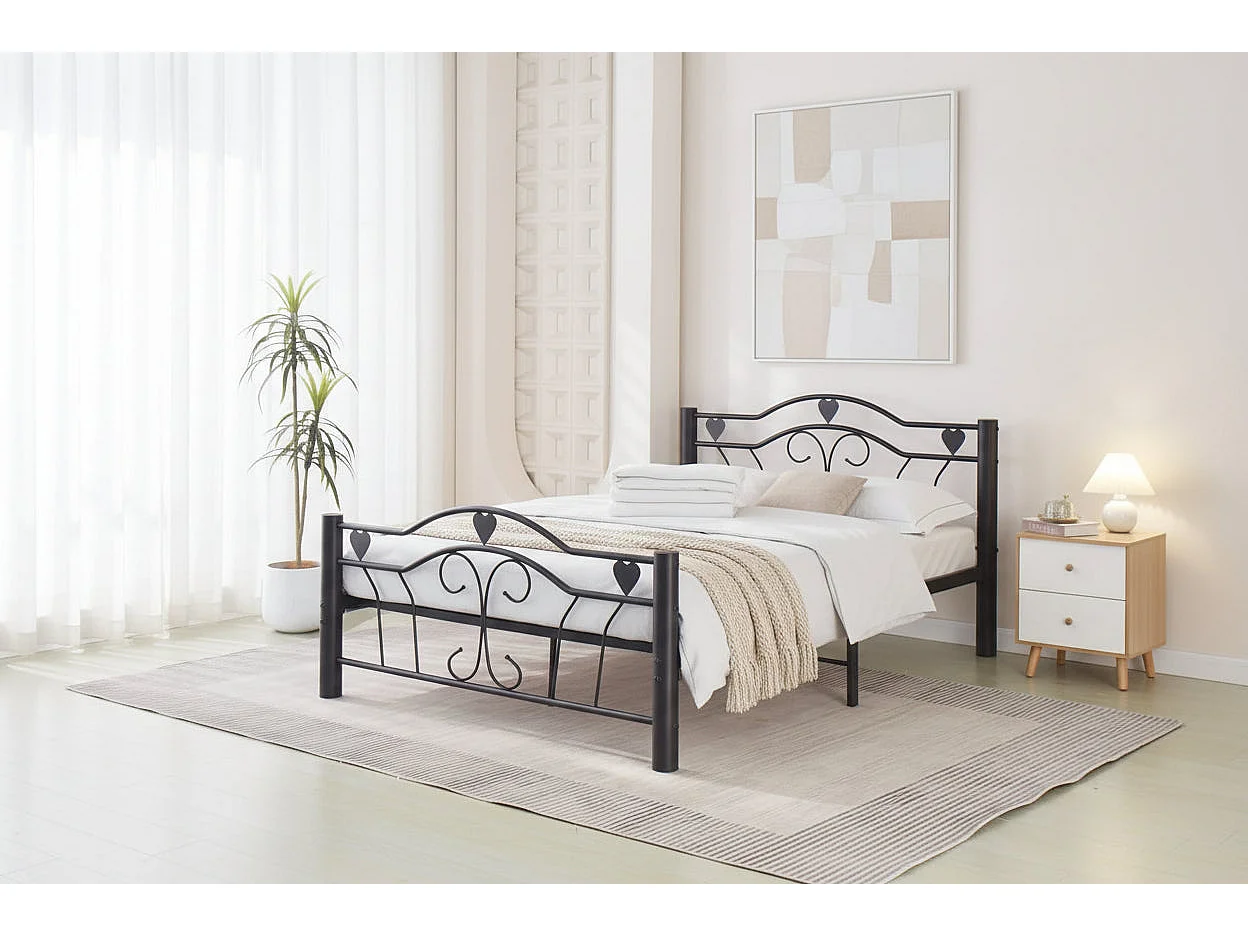 Lit 2 places 160x200 cm métal hercule solide noir sommier inclus
