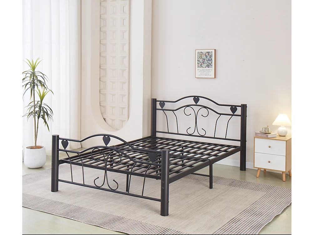 Lit 2 places 160x200 cm métal hercule solide noir sommier inclus