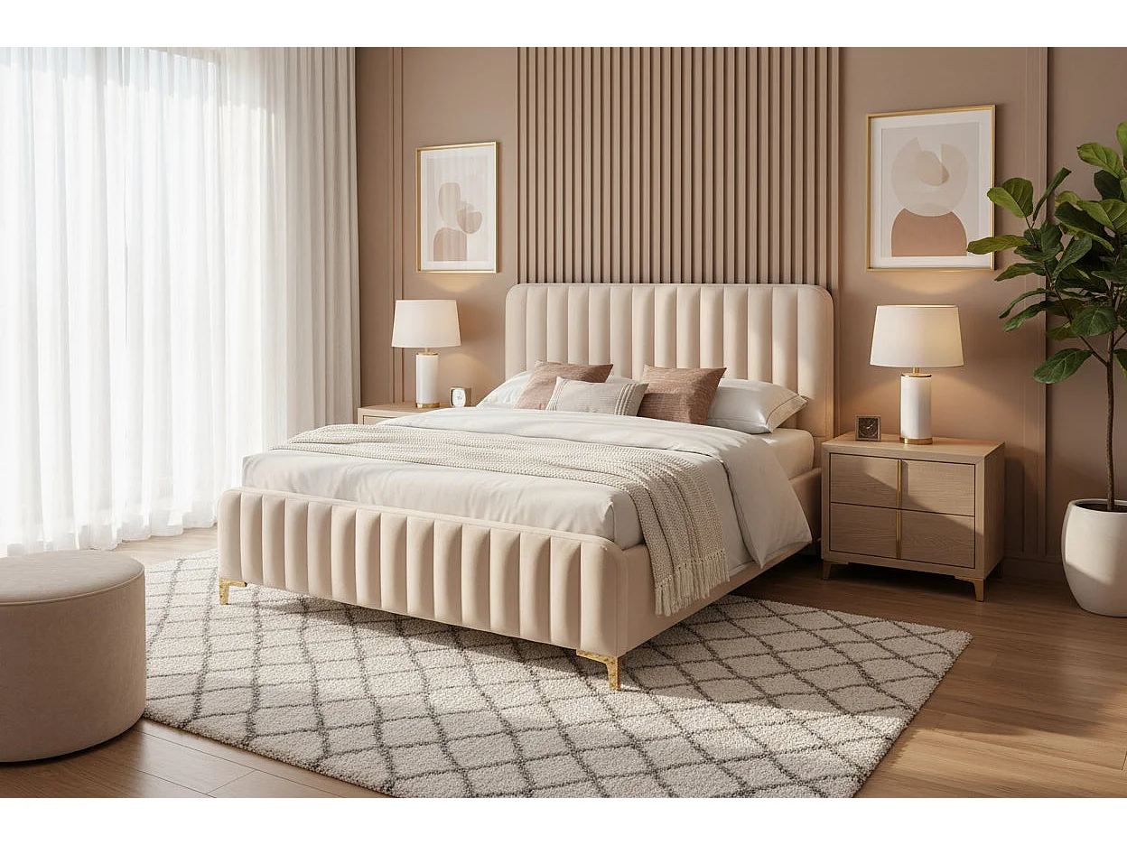 Lit 2 places FAYE design velours Beige sommier inclus 140x190 cm