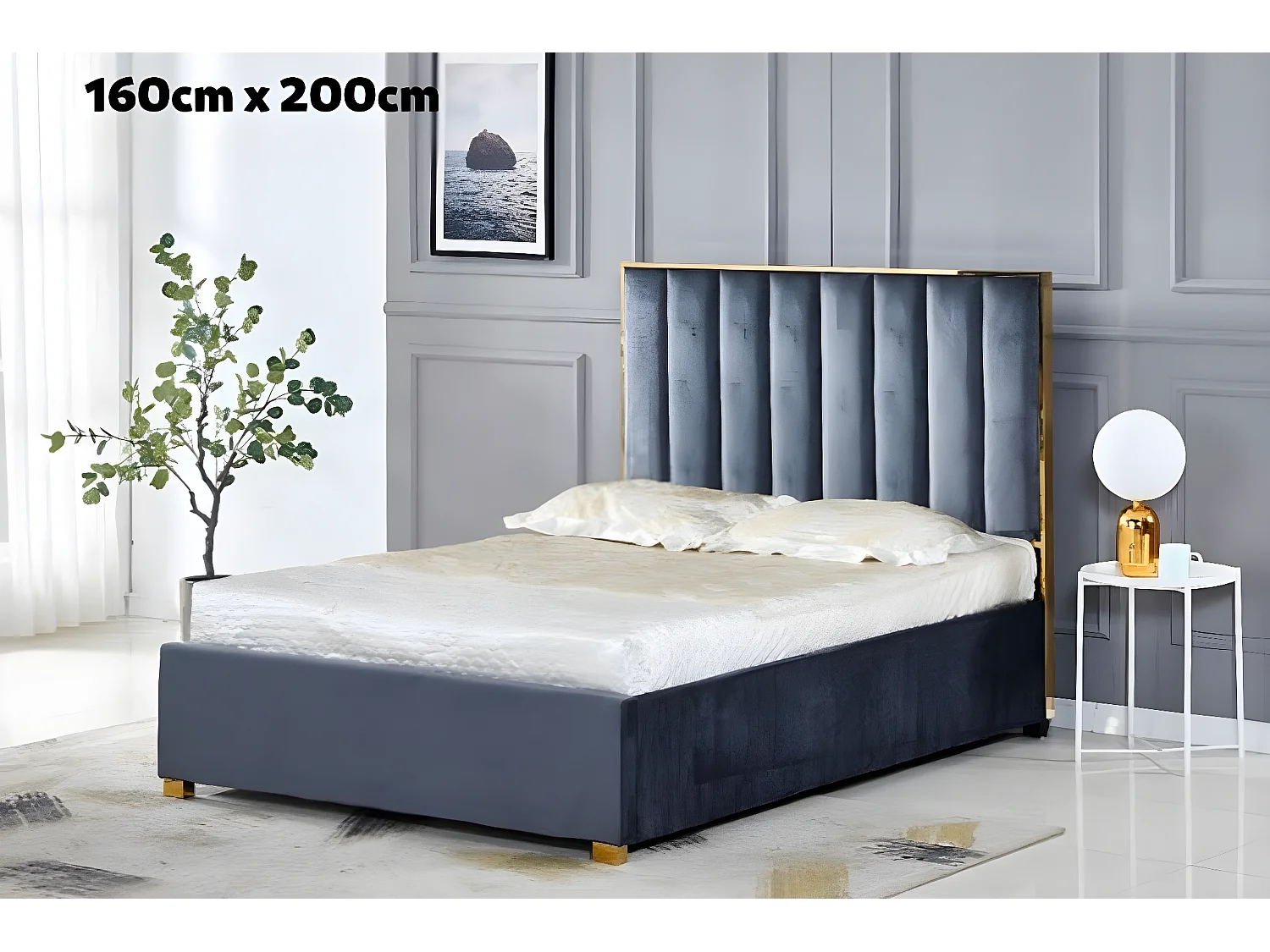 Lit 2 places 160x200 cm TONY velours sommier inclus