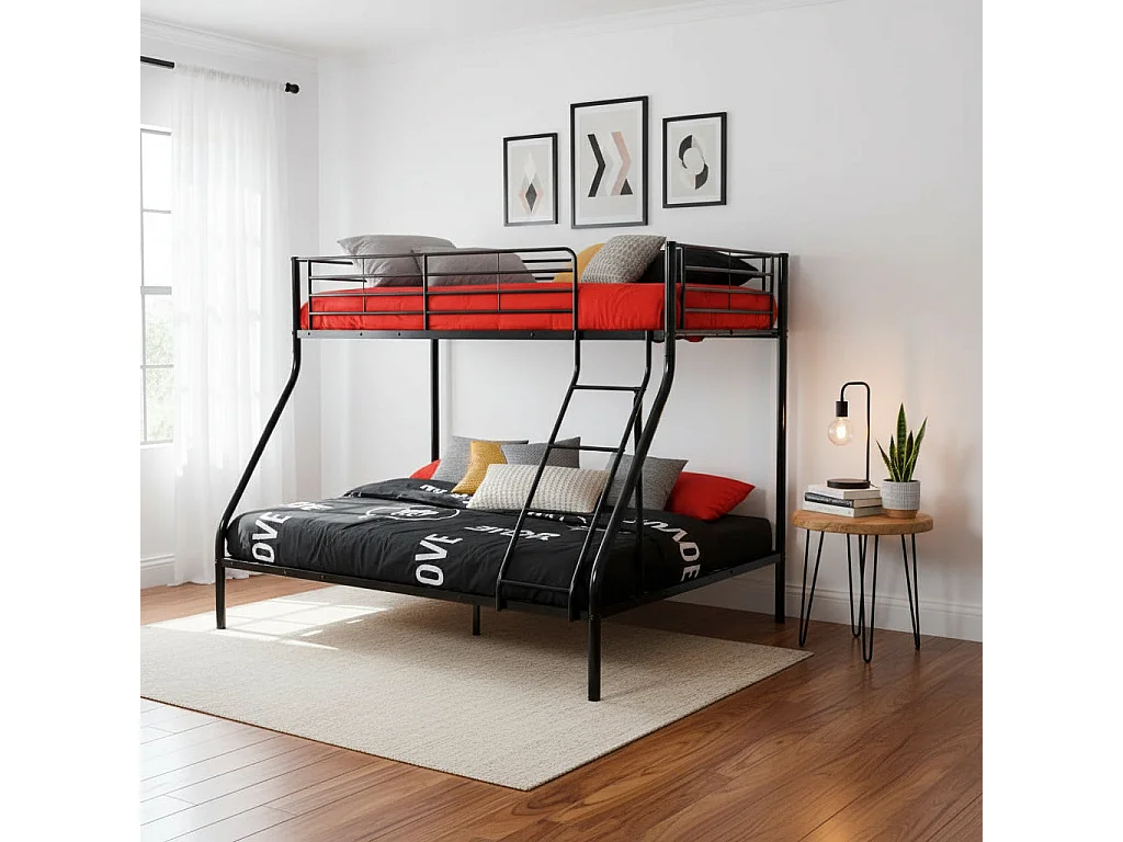 Lit superposé 3 places 2+1 métal COSTO sommier inclus noir