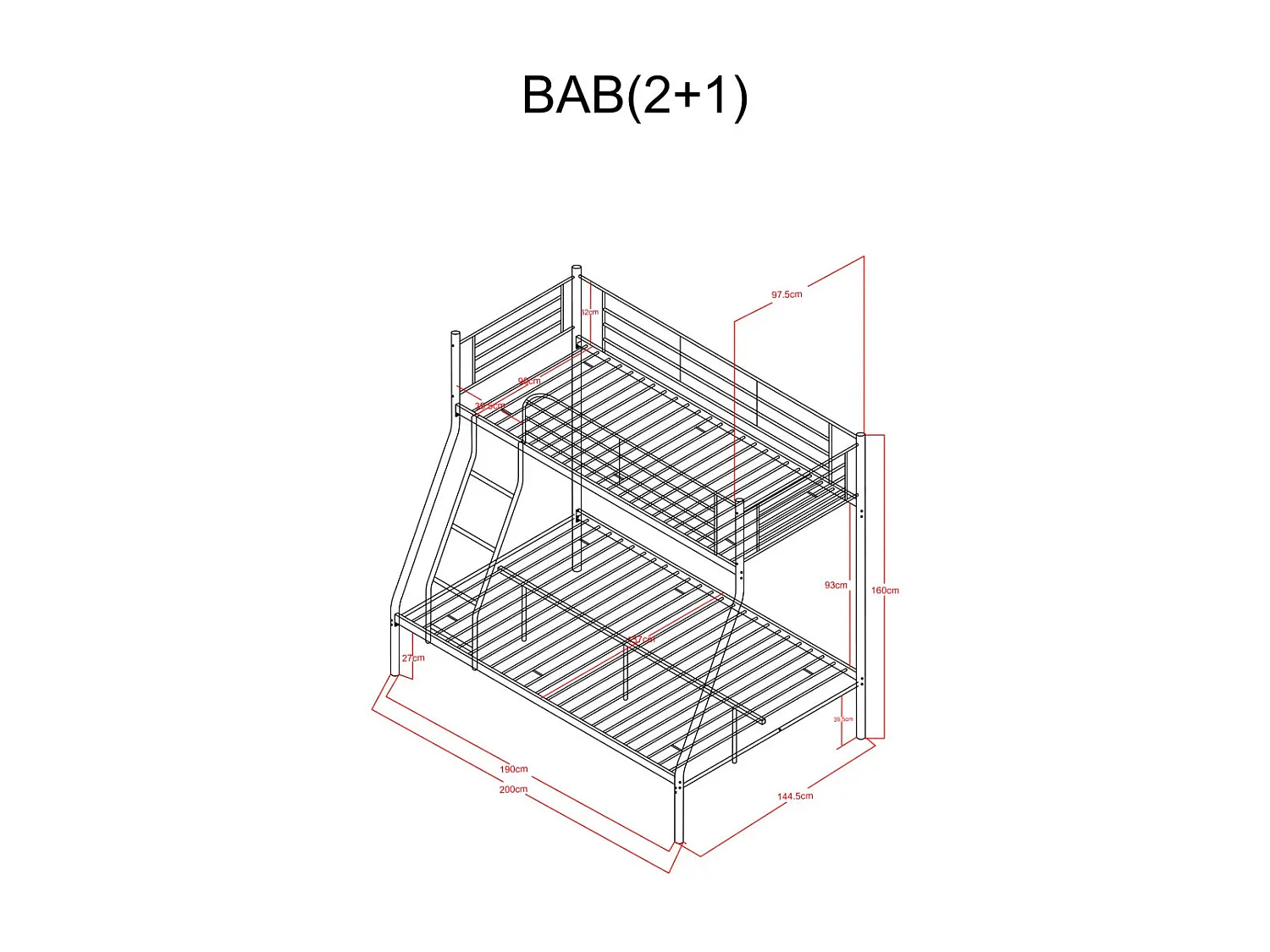 Lit superposé 3 places 2+1 métal COSTO sommier inclus blanc