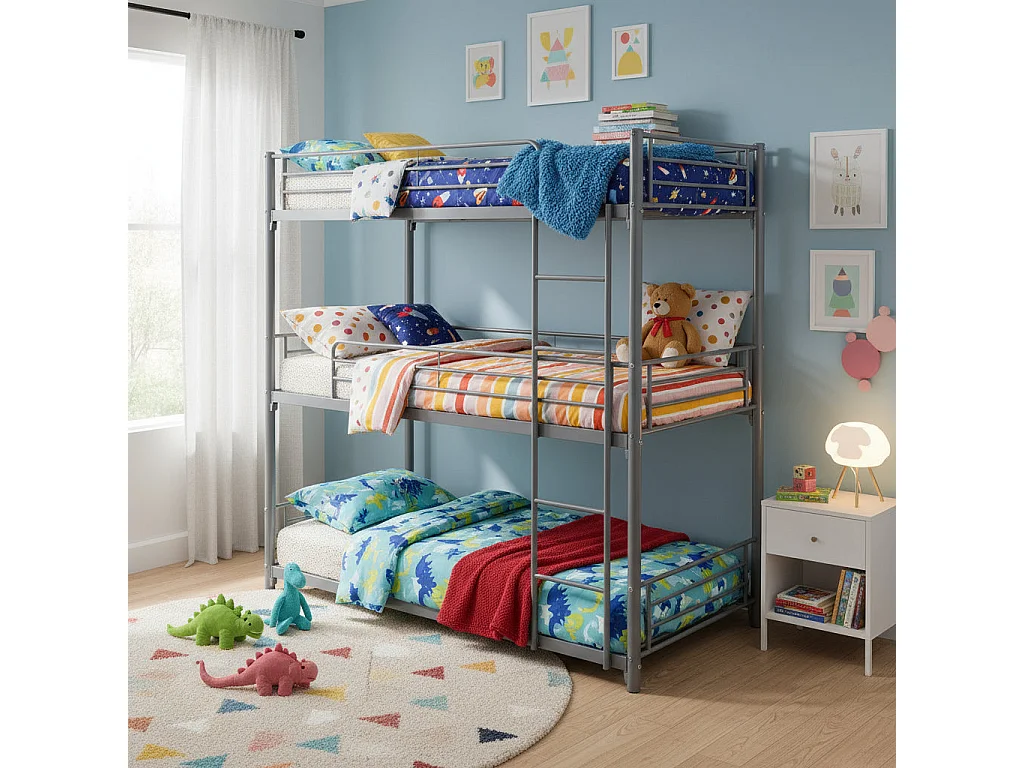 Lit superposé métal 3 couchages 90x190 cm Gris TRIPLE