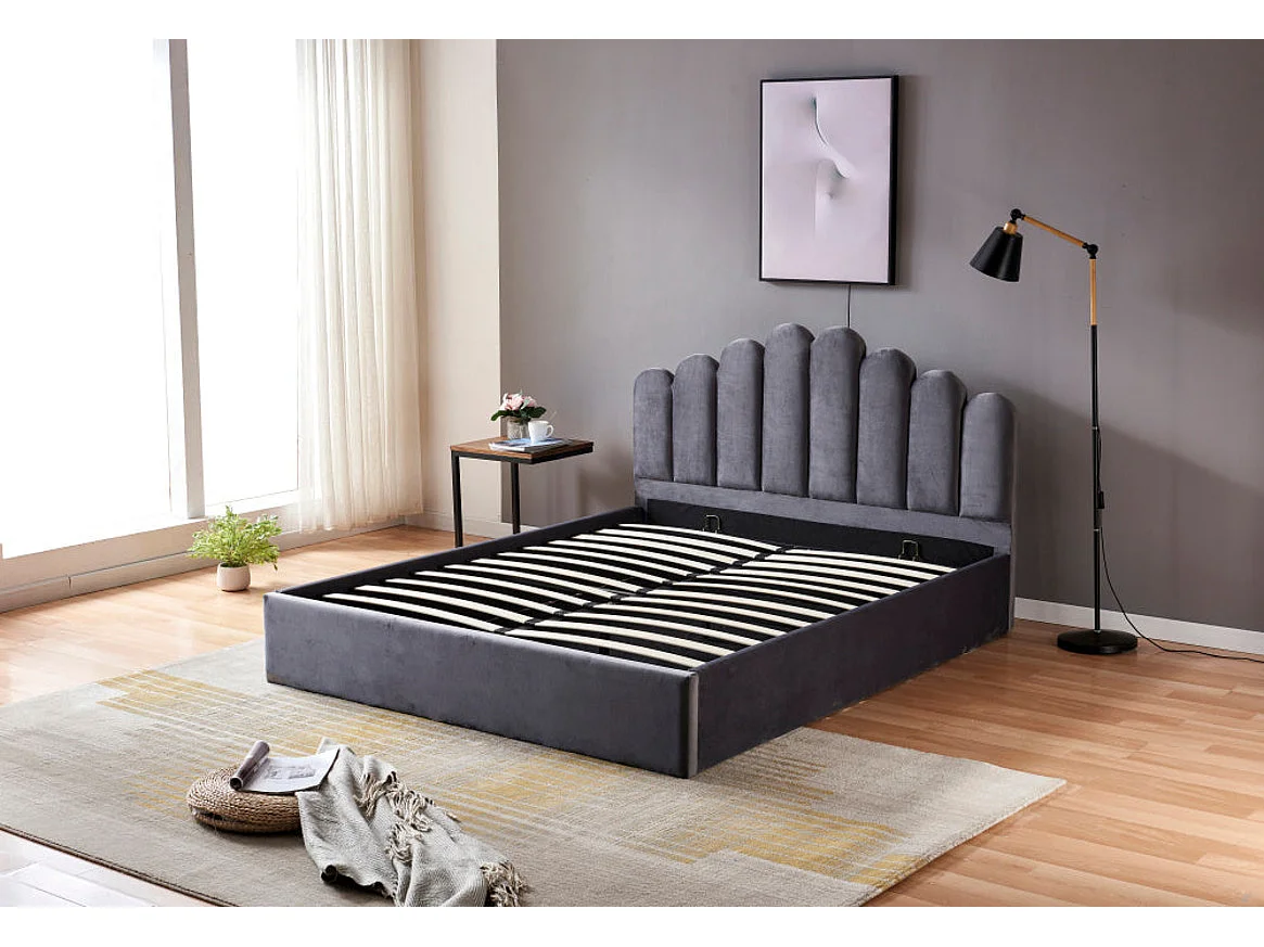 Lit coffre DOHA 2 places 160x200 cm gris sommier coffre intégré