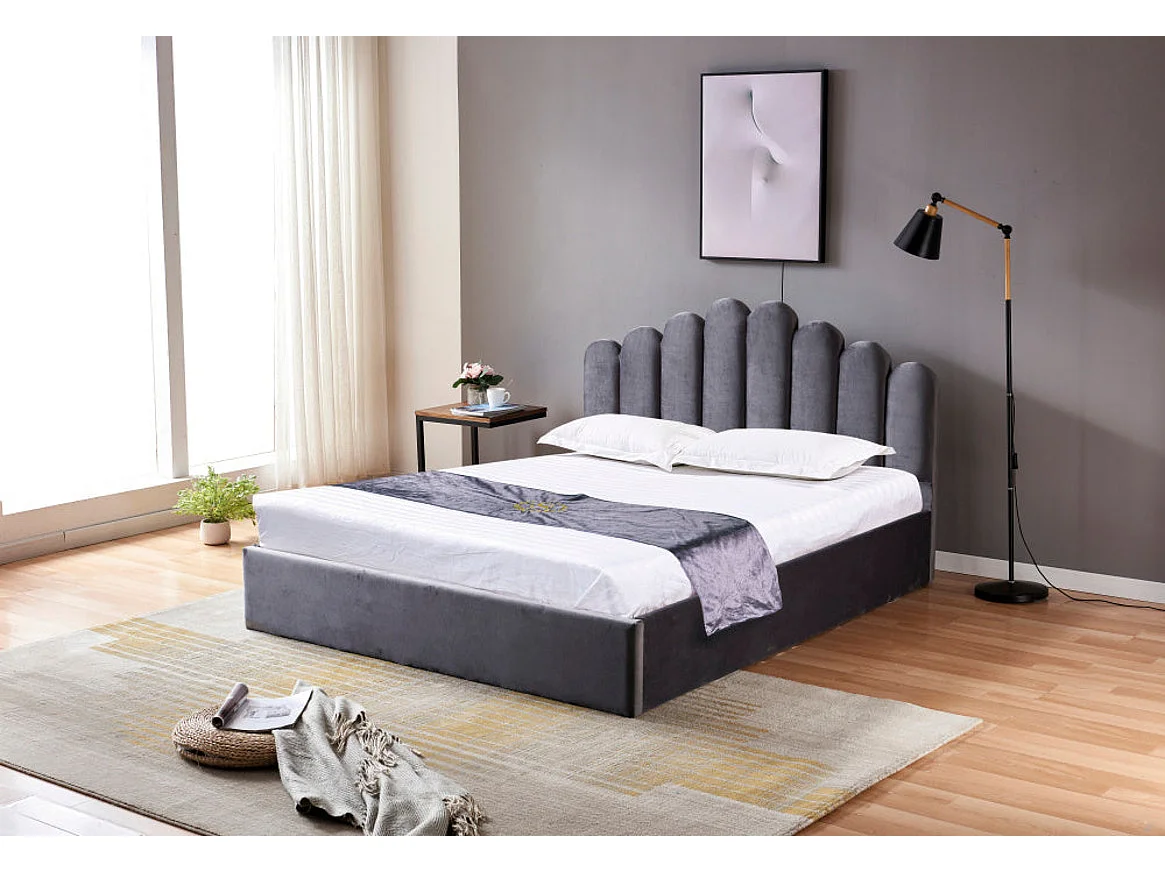 Lit coffre DOHA 2 places 160x200 cm gris sommier coffre intégré
