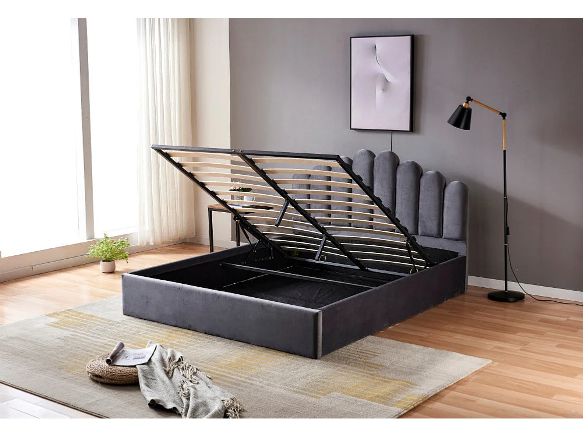 Lit coffre DOHA 2 places 160x200 cm gris sommier coffre intégré