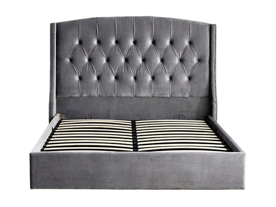 Lit Coffre 2 places 180x200 cm velours gris sommier intégré SULTAN
